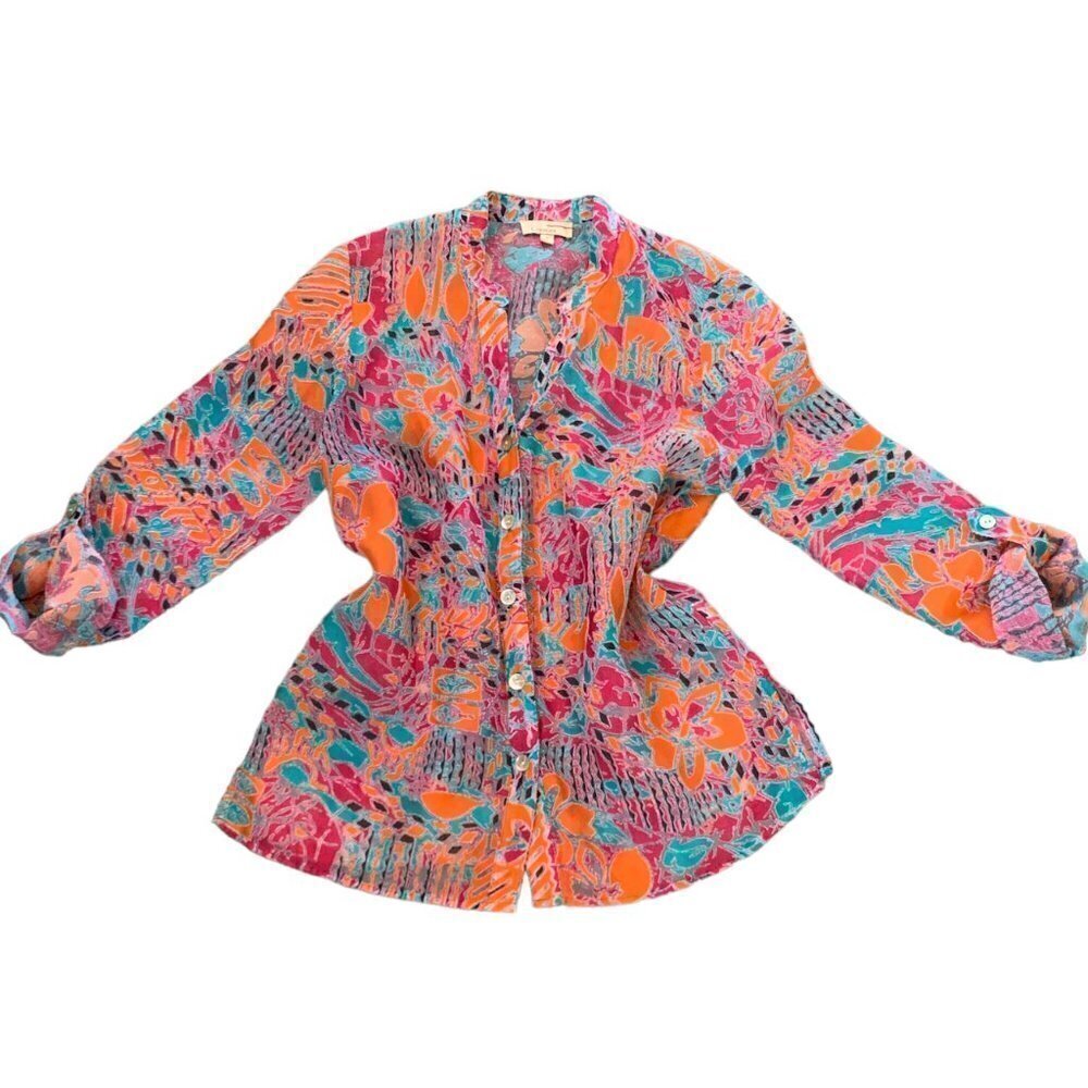 Choices Colorful Mesh-Linen Blend Button Front Ro… - image 6